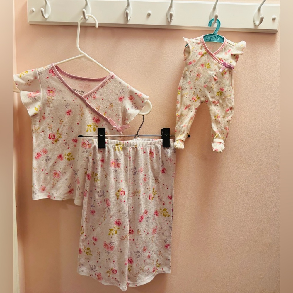 American girl bitty baby matching pjs  White and Pink Floral